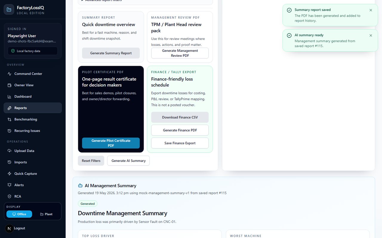 FactoryLossIQ Reports page showing management, finance, and pilot-ready outputs