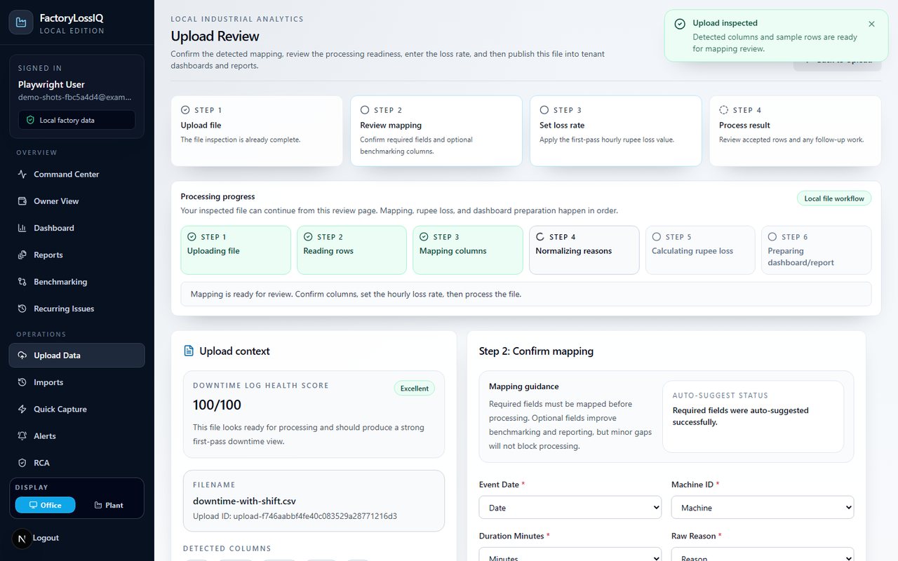 FactoryLossIQ Upload Review showing mapping and downtime log health score